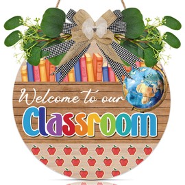 Celestdeco Classroom Door Sign,Welcome to Our Classroom Door Hanger,First Day of School Decor,Back to School Welcome Wall Plaque,Colorful Books Apple Wooden Sign for Nursery Porch Yard Class Room