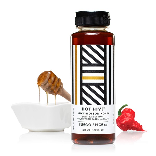 HOT HIVE Honey with Organic Carolina Reaper Pepper by Fuego Spice - 12 Oz - Made with Apple Cider Vinegar - Squeeze it on a BBQ Chicken Wings or Try it on a Taco - Heat Level: 4/10