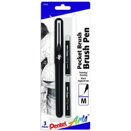 Pentel Arts Pocket Brush - Brush Pen - Pack of 2 Blister Cards - 2 x Brush Pens & 4 Refills - Black Ink