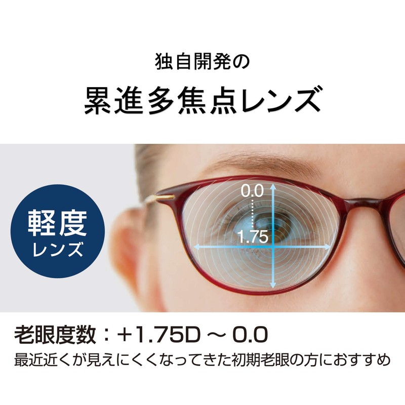 ピントグラス PINTGLASSES 老眼鏡 シニアグラス 軽度 (老眼鏡1本で度数:+0.00D ~ +1.75Dの累進設計) 専用ケース・メガネ拭き付き PG-707L-BK/T