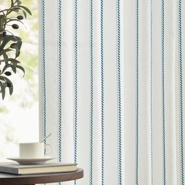 jinchan Linen Blend Curtains 96 Inches Long Blue Striped Curtains for Living Room Farmhouse French Country Light Filtering Curtains Rod Pocket Curtains for Bedroom 2 Panel Sets