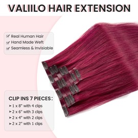 Human Hair Clip in Extensions Burgundy 16 Inch 7 Pcs Seamless Clip in Hair Extensions Real Human Hair Double PU Weft Natural Silky Clip on Straight Hair 100G
