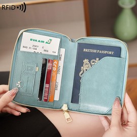 KARRESLY Passport Holder Covers Case with Safe Zipper Closure, RFID Blocking PU Leather Waterproof Travel Wallet for Women Men, Light blue, Rfid Passport Wallet