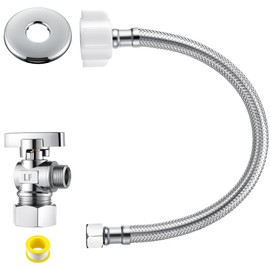 Dreyoo 1 Pack Complete Toilet Valve Set, Includes 1/2 inch Nom Inlet x 3/8 Inch OD Compression Outlet Angle Shut Off, 16" Stainless Steel Toilet Water Supply Line, Escutcheon Plate, Sealing Tape