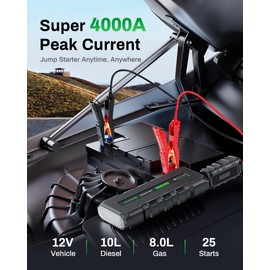 4000A Jump Starter,12V Battery Jumper Starter Portable with 18W Quick Charger, Car Jump Starter Battery Pack(10L Gas 8L Diesel Engine) with Booster,LED Light,Jumper Cables & EVA Case