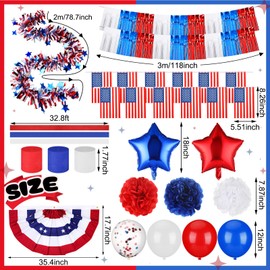 Lunmon 38 Pcs 4th of July Parade Golf Cart Decorations Kit Bunting Flag Red White Blue American Flag Tinsel Garland Crepe Paper Golf Cart Balloons for Independence Day Party Supplies Decor