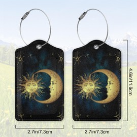 2 Pack Leather Luggage Tag for Suitcase Moon Sun Zodiac Signs Unique Travel Tags with Privacy Cover ID Label & Stainless Steel Loop for Men and Women Baggage