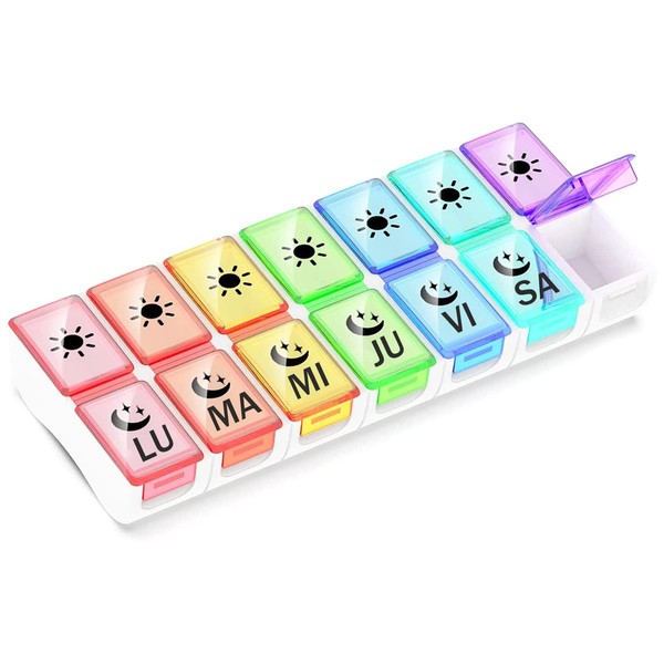 GeekerChip Spanish Weekly Pill Box 2 Shots Small Medicine Organizer 7 Days Daily with 14 Compartments - Muticolor