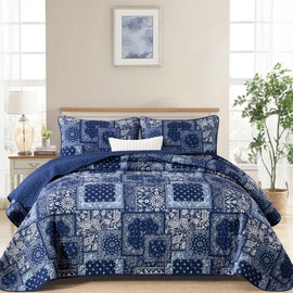 Cottolester Blue Patchwork Quilt Set King Size,Boho Navy Blue Quilt Set,Farmhouse Paisley Bedspread Soft Microfiber Bedding Set for All Season 110"x90"