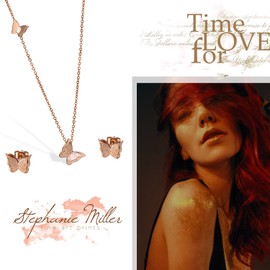 Cupimatch Butterfly Bracelet Ring Earrings Necklace Set, 18k Rose Gold Plated love Jewelry Gift Set for Women (Necklace earring set)