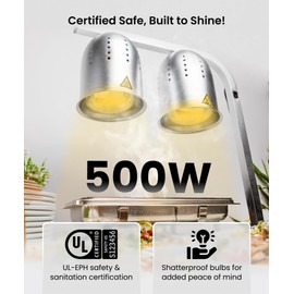SYBO DL2112 Commercial Grade Food Heat Lamp, Electric 2-Bulb Food Warmer with Adjustable Stand, 500W, Silver