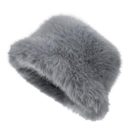 La Carrie Women's Fuzzy Wide Brim Faux Fur Bucket Hat Winter Warmer Fisherman Cap(Gray)