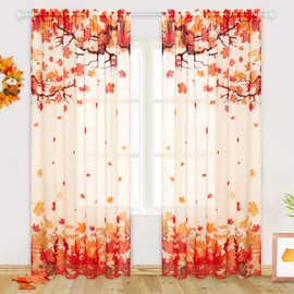 FRAMICS Thanksgiving Fall Sheer Curtains for Living Room 84 Inch Length, Falling Maple Leaves 2 Panels Semi Sheer Voile Window Curtains, Rod Pocket Window Drapes for Bedroom Thanksgiving
