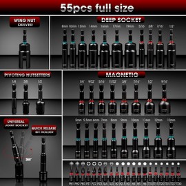 LLNDEI Magnetic Impact Nut Driver Set, 55PCS 1/4 socket set with Deep Driver Bit Sets Includes Bit Extension, Pivoting & Wing Nut Setters Compatible with Impact Drills & Deep Drivers