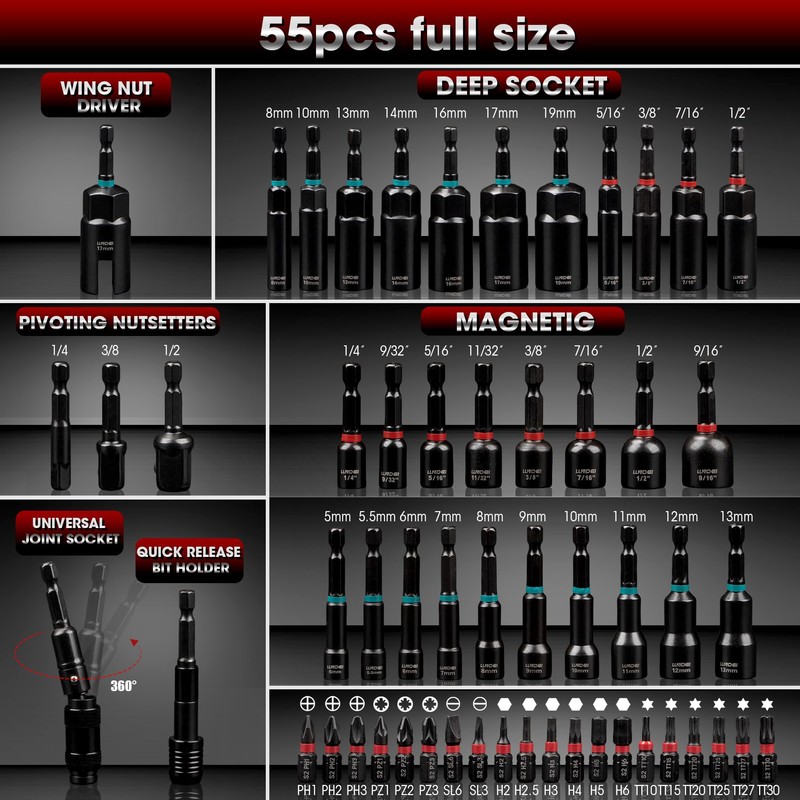 LLNDEI Magnetic Impact Nut Driver Set, 55PCS 1/4 socket set