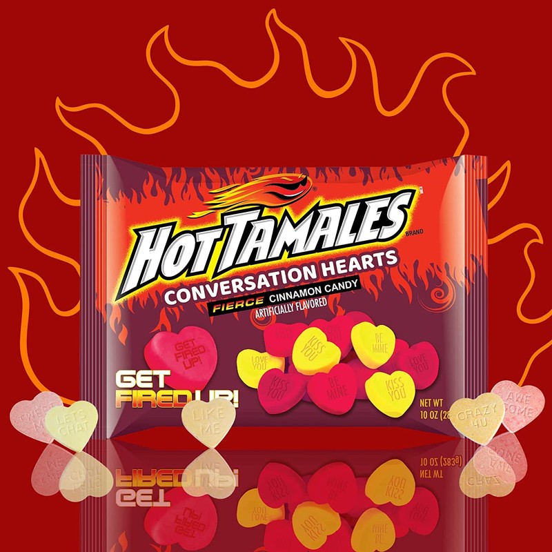 Hot Tamales Conversation Hearts Fierce Cinnamon Flavored Candy, 10 OZ