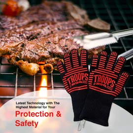TROOPS BBQ 662°F Extreme Heat Resistant BBQ Grill Gloves for Cooking, Oven, Barbecue Grilling, Baking, Kitchen, Kevlar Silicone Non-Slip Long Protection Gloves Insulated Cut-Resistant