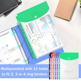 6pcs Plastic Wallets A4 Punched Polly Binder Pockets Expandable Envelope File Folders,Colourful Document Files Popper Wallet for School Home Office