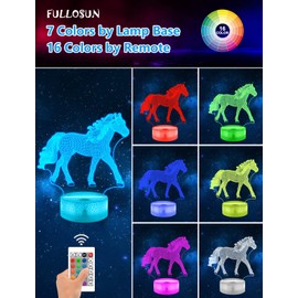 Horse 3D Illusion Lamp for Girl, FULLOSUN Animals Optical Night Light 16 Colors Changing with Timer Remote Control, Romantic Room Decor Unique Birthday Xmas Gift for Friend Baby Kid