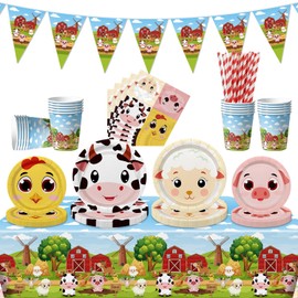 Farm Birthday Party Supplies, Including Plates Tablecloth Banner and Dinnerware for Farm Theme Birthday Decorations, Serves 20