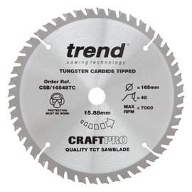 Trend CraftPro TCT Cordless Thin Kerf Sawblade for Wood, 165mm Diameter, 15.88mm Bore, 48 Teeth, 1.6mm Kerf, +15° Hook, CSB/16548TC