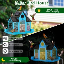 Solar Bird Feeders for Outdoors,Bird House Feeder,Hanging Metal Mesh Wild Window Large Finch Cardinal Nest Houses Garden Decoration Squirrel Proof (Blue)