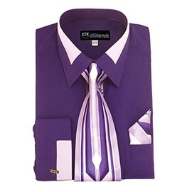 Milano Moda High Fashion Dress Shirt with Contrast Design Tie, Hankie & Cuffs Purple-20-20 1/2-36-37