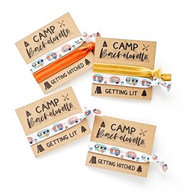 Pack of 10 CAMP Bachelorette Party Favors - 9 Getting Lit + 1 Getting Hitched Favor Cards + 2 hair ties per card