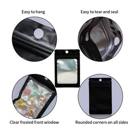 Funnyleaf 100 PCS Black Resealable Mylar Holographic Bags Food Storage Smell Proof Bags with Front Window Packaging Pouch for Cookies Sample Jewelry Snack, 2.36x3.94 Inch