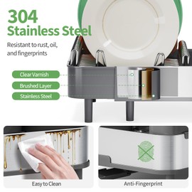 Expandable Dish Drying Rack,Foldable 304 Stainless Steel Dish Rack with Dual Parts, Extendable Dish Drainer Rack for Kitchen Counter, Gray Dish Drying Rack with Cutlery Holder