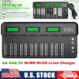 EBL 12+2 Bay LCD Battery Charger for AA AAA C D 9V Li-ion Ni-MH Ni-CD (AC Power)