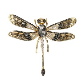 BriLove Rhinestone Dragonfly Brooch Pin for Women Insect Themed Animal Brooches Black Gold-Toned