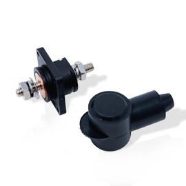 Battery Cable Flanged Bulkhead Connector + Insulator Boot - Heavy Duty Weatherproof 12V Copper Core 3/8 Post, 550 Amp Max Rating – for Marine, Solar, Car Audio - Made in the USA (Black)