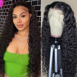 Urshiney Water Wave Lace Front Wigs Human Hair 13x4 HD Curly Lace Frontal Wigs Pre Plucked With Baby Hair Wet And Wavy Human Hair Wigs for Women Natural Black 180% Density 16 inch