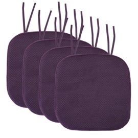 Sweet Home Collection Chair Cushion Memory Foam Pads with Ties Honeycomb Pattern Slip Non Skid Rubber Back Rounded Square 16" x 16" Seat Cover, 4 Pack, Eggplant Purple 4 Pack