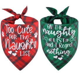 Doncida Funny Christmas Dog Bandanas 2 Pack, Adjustable Reversible Triangle Christmas Plaid Dog Scarf for Small and Medium Dogs, Premium Durable Fabric Bibs for Pets (Small)