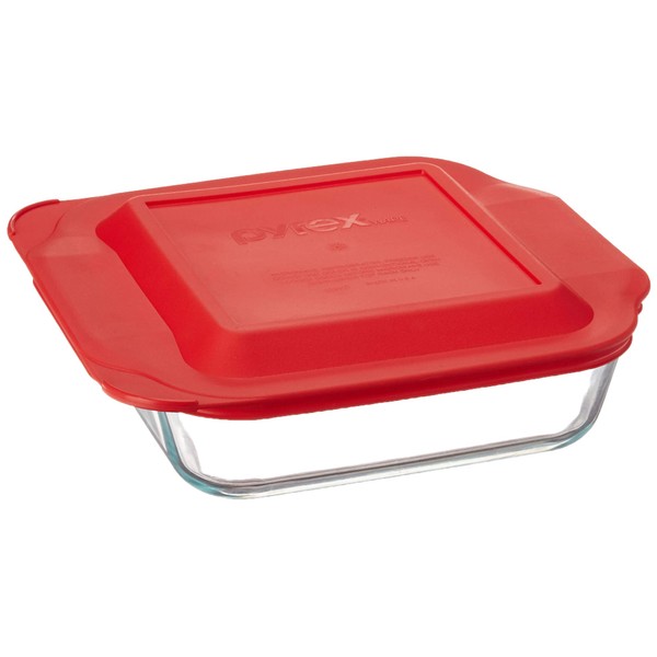 Pyrex Get Dinner Away Large Handle 8" x 8" Square Dish. Making it Easy to Monitor Casserole Cooking and Brownie Baking from a, 4, Red 8"