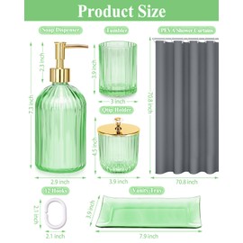 Green Bathroom Accessories and Shower Curtains Set, 4PCS Glass Bathroom Set Complete of Soap Dispenser, Toothbrush Holder, Apothecary Jar, Vanity Tray, Decorative Dorm Home Decor and Housewarming Gift