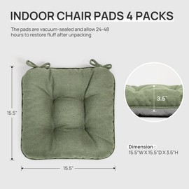 Love's cabin Memory Foam Chair Cushions Set of 4, Outdoor/Indoor Chair Pads for Dining Chairs 4 Pack, Seat Cushions for Kitchen, Dining Room, Office, Patio Chairs, 15.5"x15.5"x3.5" Green