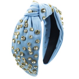 VicJasmine Knotted Headband for Women Girls - Rhinestone Crystal Embellished Jeweled Hairband Wide Top Knot Fashion Elegant Accessories Birthday Party Gift Hair Band (Blue)
