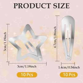 Ayzylpth 20 Pcs Star and Teardrop Hair Clips Set, Cute Snap Metal Barrettes & Hair Clips, Water Drop Non Fashion Slip Hair, 2 Kinds for Women Girls Hair Styling Gift, Silver