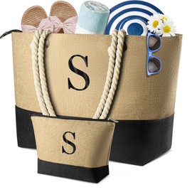 TOPEAST Beach Bags for Women, Initial Tote Bag with Makeup Bag, Unique Birthday Gifts for Women Mom Friend, Linen Yellow, Large, S