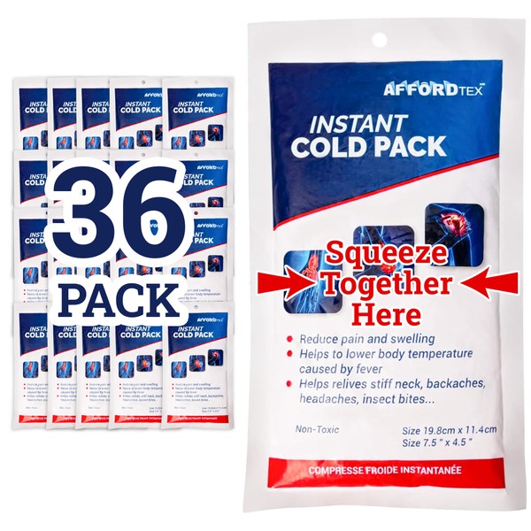 AFFORDTEX Instant Cold Pack – 36 Count Disposable 7.5 x 4.5 Inches Ice Packs – Must Have Medical Supplies for Outdoor Activities – Ice Packs Ideal for Injuries, Inflammation, Sprains, Strains