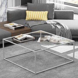 ​​​​​​​​​​​​Glass Coffee Table Square Coffee Table for Small Space,Modern Minimalist Center Table for Living Room Home Office,Tempered Glass-top with Sturdy Metal Frame,Easy Assembly,27 x 27In, White