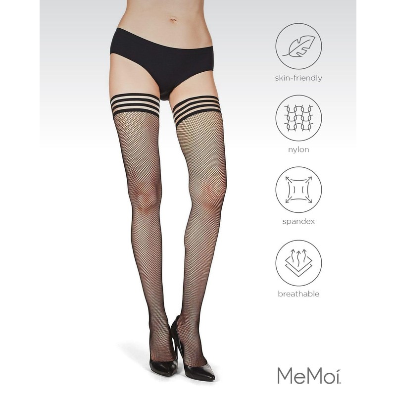 MeMoi Women's Backseam Fishnet Thigh High Stockings Black/Black Medium/Large