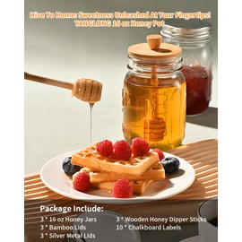 TANGLONG Honey Jar with Dipper and Lid,16oz Honey Pot Set of 3,Mason Jar Honey Dipper Lid,Glass Honey Jar with Dipper,Honey Container with Dipper,Storage Jars with Lids