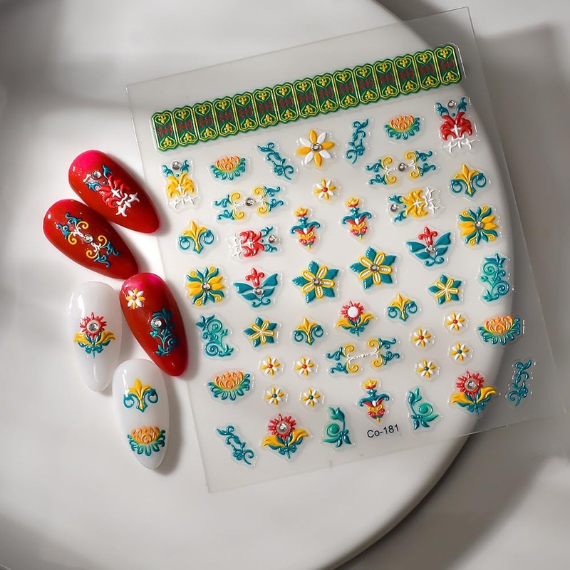 5D Embossed Flower Nail Art Stickers Yellow Green Nail Stickers