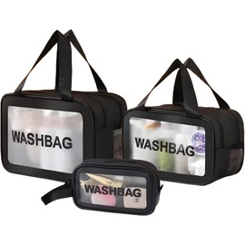TUMYES Travel Toiletry Bag 3 Packs, Translucent Waterproof Makeup Cosmetic Bag, Toiletry Bag Set with Double Zipper & Handle, for Airplane Vacation Bathroom Portable Travel Bag, for Women Men (Black)