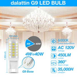 dalattin G9 LED Light Bulbs,4W Equivalent 40 Watt,Replacement T4 G9 Halogen Bulb,450LM, Non-Dimmable, Energy Saving Lights for Chandelier Type G9 T4 Bi-pin Base,6000K Daylight White,6 Pack