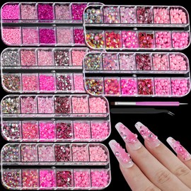 6 Boxes Sparkling Crystal Nail Rhinestones Pearls Kit, 2-6mm Flatback Multicolor Transparent Jelly AB Mermaid Gems with Tweezers and Dual-end Brush for Manicure Salon DIY Crafts (Pink)